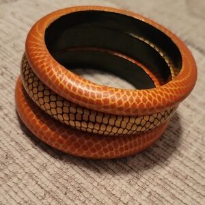 Set of Three Snakeskin Pattern Orange Black Gold Wood Bangles Vintage
